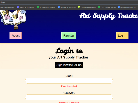 The login page for the Art Supply Tracker website, showing a header and logo above a form.