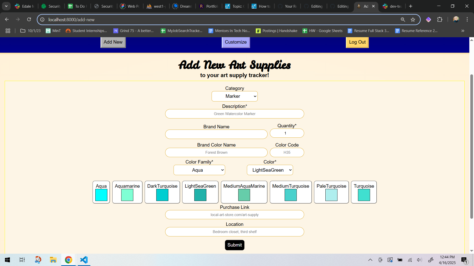 The Add New Art Supplies page for the Art Supply Tracker website, showing a form including a color family dropdown and several labeled colors.