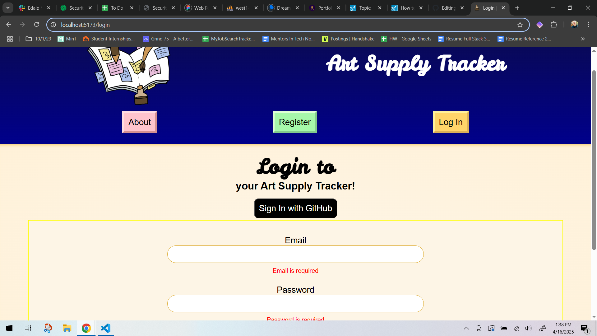 The login page for the Art Supply Tracker website, showing a header and logo over the login form.