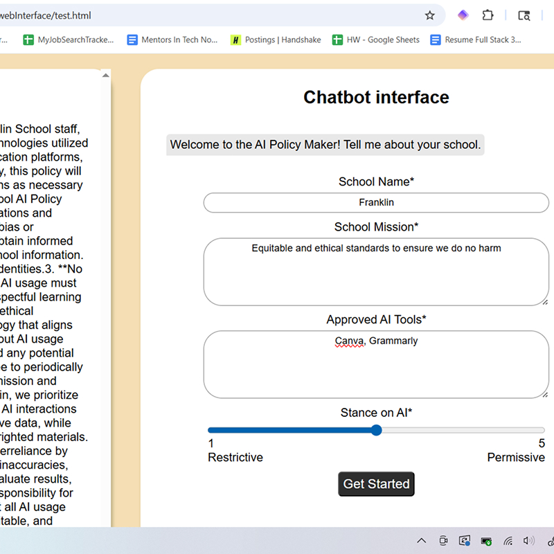 Chatbot interface producing an AI policy based on school name, mission, approved AI tools, and stance (1-5).
