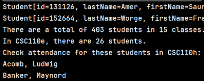 Screenshot of the terminal showing two students, total students are 403, total classes are 15, and the attendance list for CSC110h.
