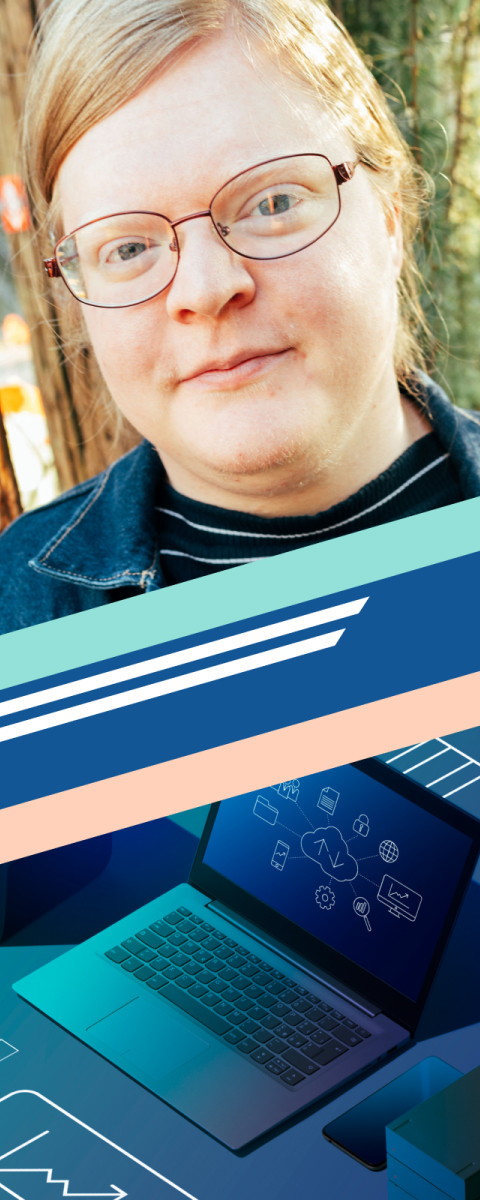 Photo of Rory Hackney smiling on the left next to abstract computer imagery on the right.