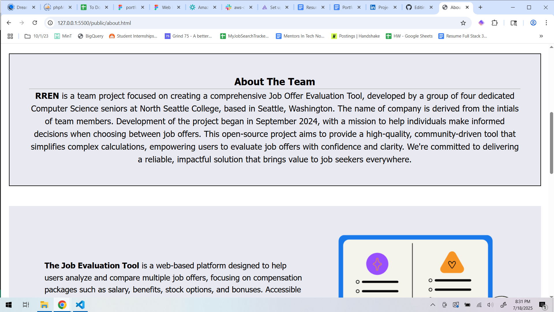 The about page for the Job Offer Comparison Website, showing information about the group and project as described above.