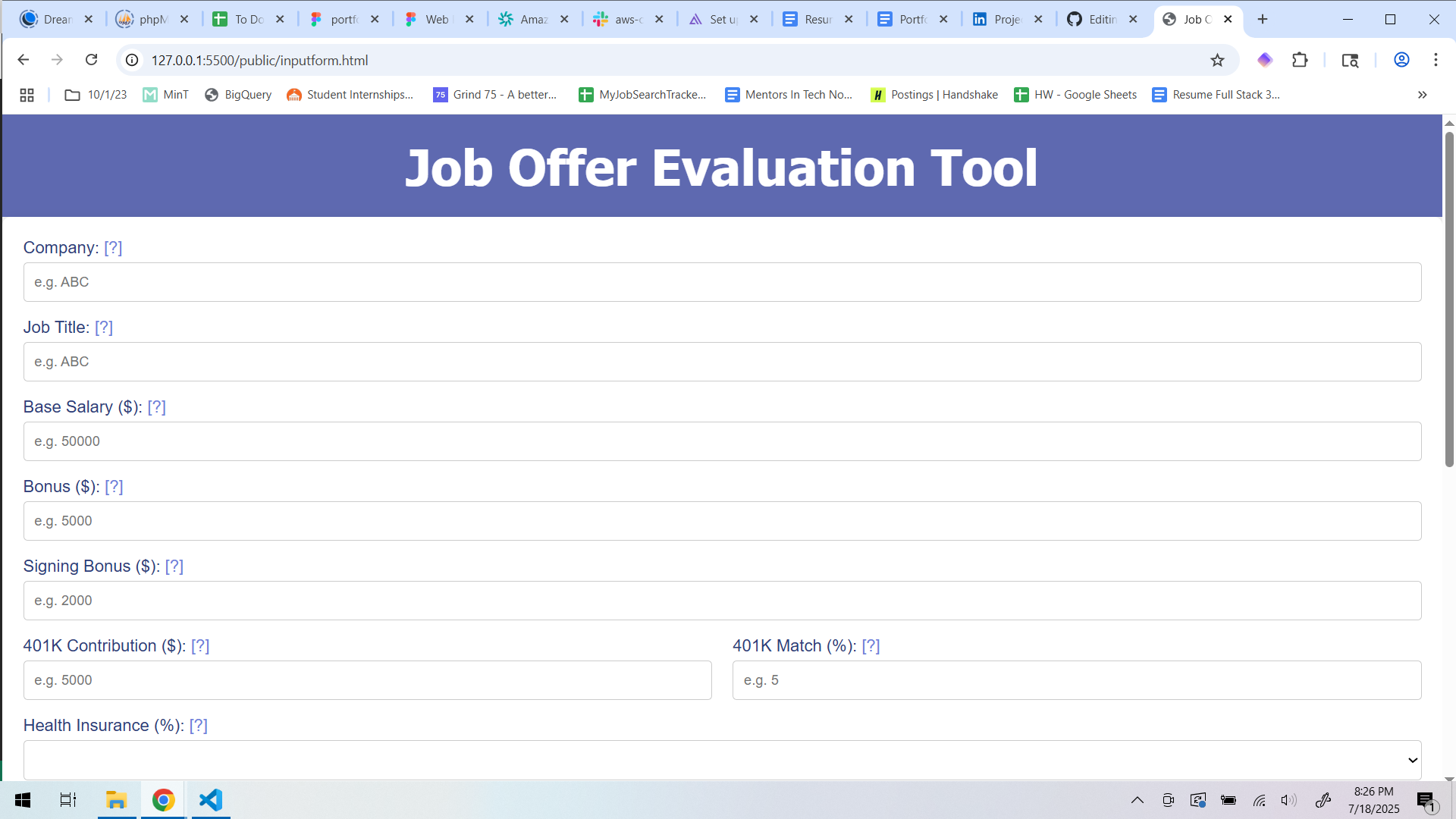 The input form page for adding job offers, showing fields company, title, salary, bonuses, 401k, and health insurance