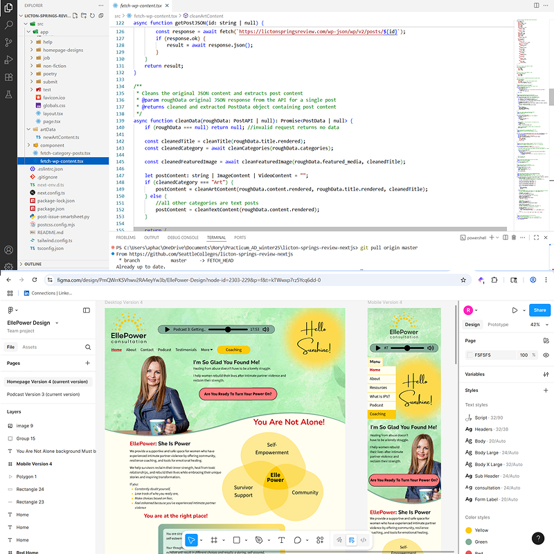 Screenshot of code that fetches and cleans content from the WordPress API above a website design in Figma for EllePower.