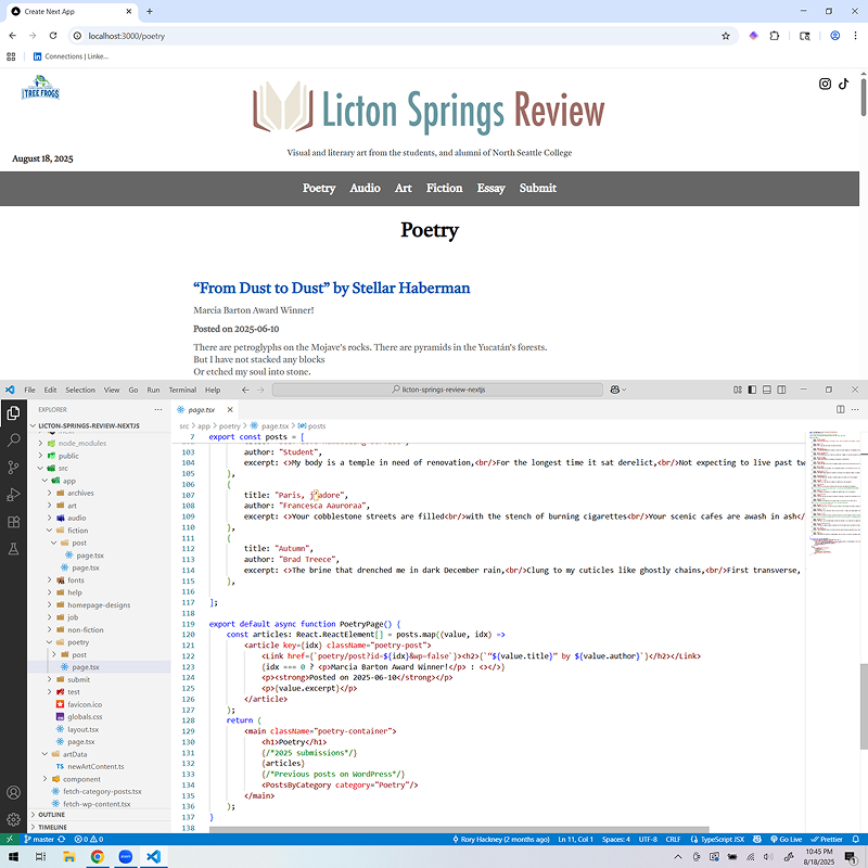 Licton Springs Review website Poetry page above React code mapping generating HTML code for each post.