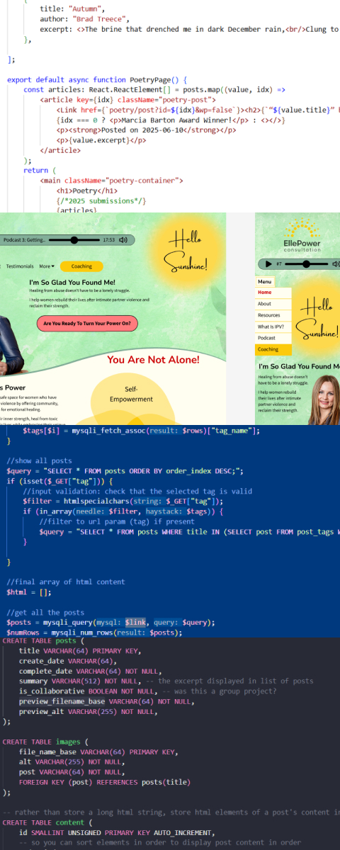4 screenshots, including PHP code, a website design, SQL code, and React code.