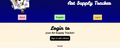 The login page for the Art Supply Tracker website, showing a header and logo above a form.