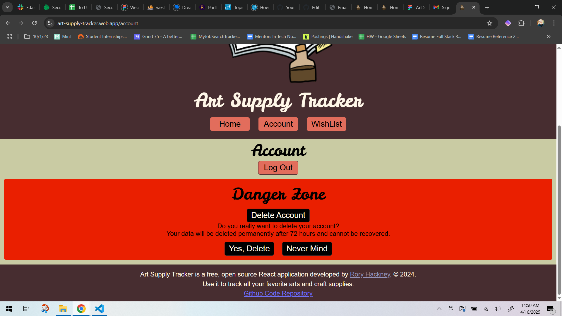 Account page of Version 1 website, showing a red warning that the account cannot be recovered after deletion.