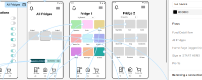 Screenshot in Figma showing notifications and fridge screens connected with prototyping arrows