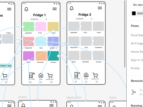 Screenshot in Figma showing notifications and fridge screens connected with prototyping arrows