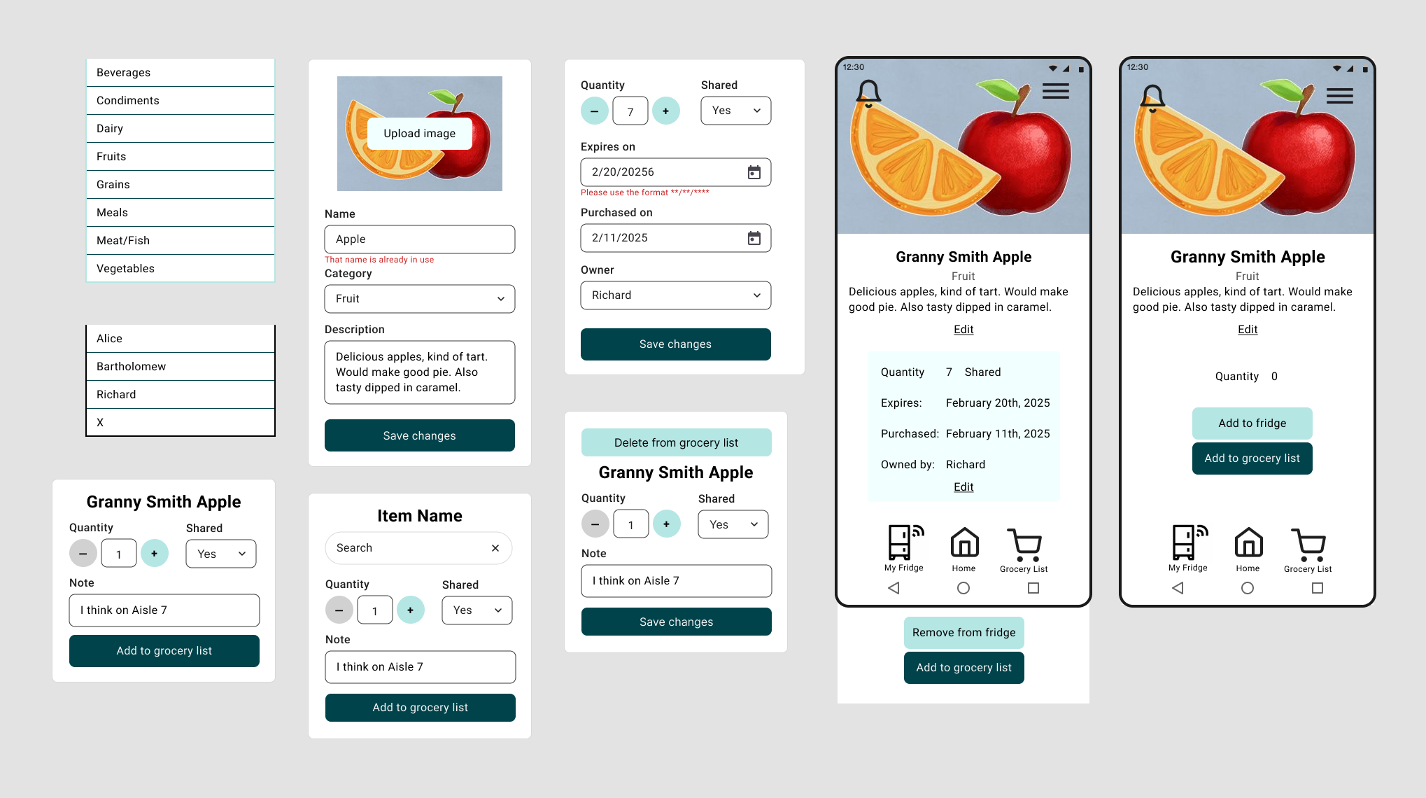 Mobile phone wireframes in Figma, showing information about granny smith apples in the fridge and various popup menus.