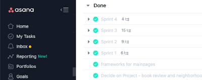 Screenshot of project management in Asana, displaying a list of completed sprints and tasks.