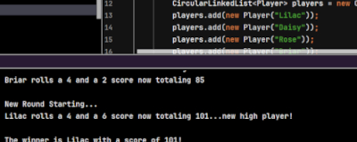 IntelliJ code editor shows Players being added to a CircularLinkedList, terminal has printed 3 rounds and each Player's score on their turn, ending with Lilac winning.