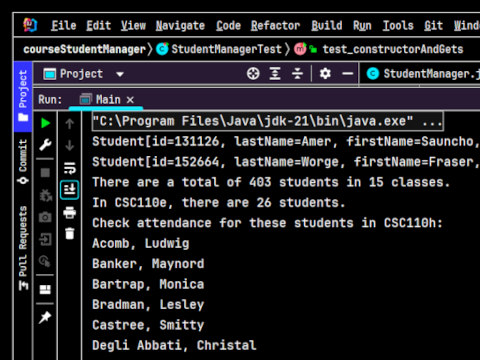 Screenshot of the terminal showing two students, total students are 403, total classes are 15, and the attendance list for CSC110h.