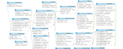 Entity relationship diagram (ERD) of the database, with customer, product, and business tables and views.