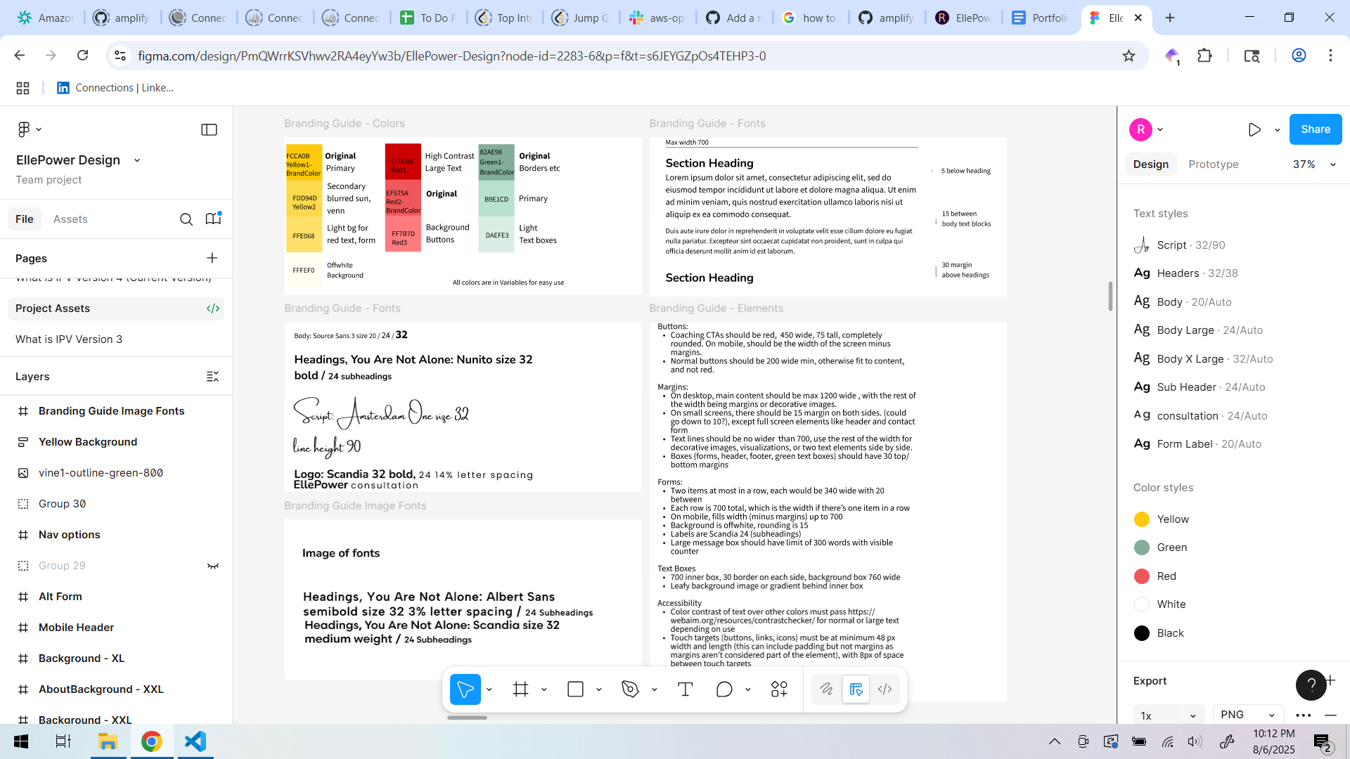 Screenshot of the brand guide in Figma, showing font styles, colors, and standards for styling various elements, such as buttons.