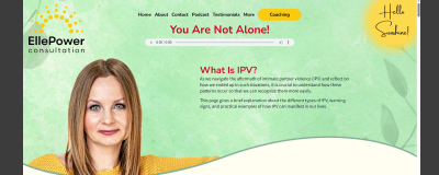 The What Is IPV page of the EllePower website, showing a smiling woman on a green background next to information about Intimate Partner Violence (IPV)
