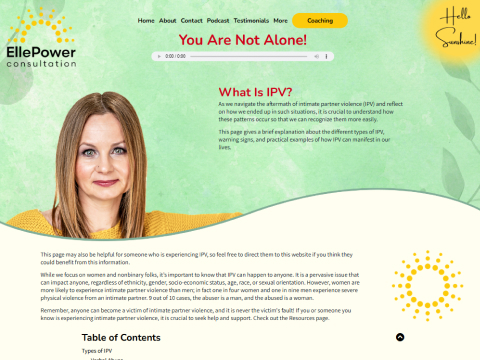 The What Is IPV page of the EllePower website, showing a smiling woman on a green background next to information about Intimate Partner Violence (IPV)