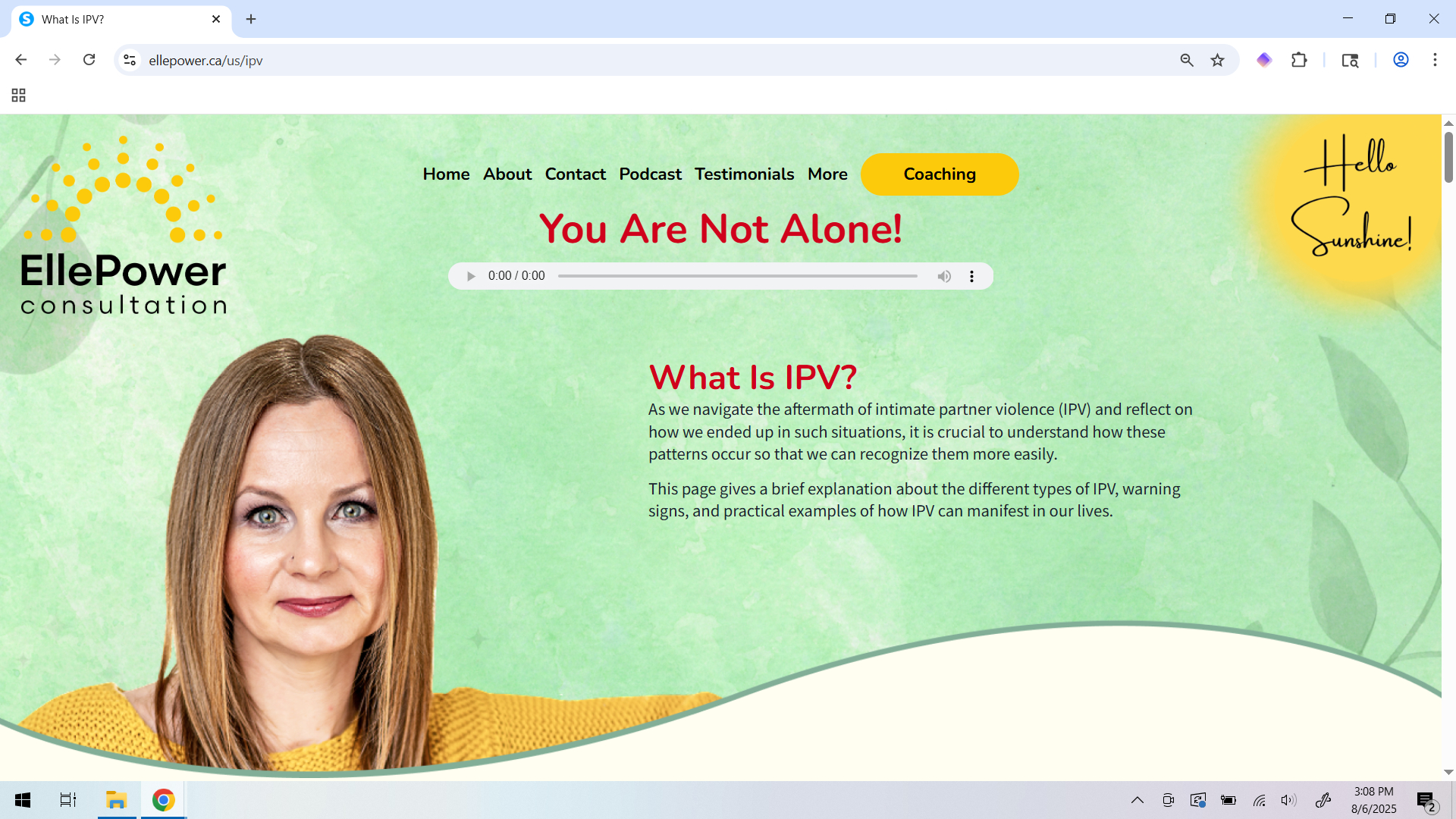 The What Is IPV page, showing a smiling woman next to information about Intimate Partner Violence (IPV).