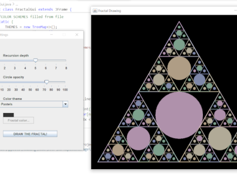The Fractal Settings window is to the left of the Fractal Drawing window, displaying a recursive fractal in a triangle using the pastel color theme.