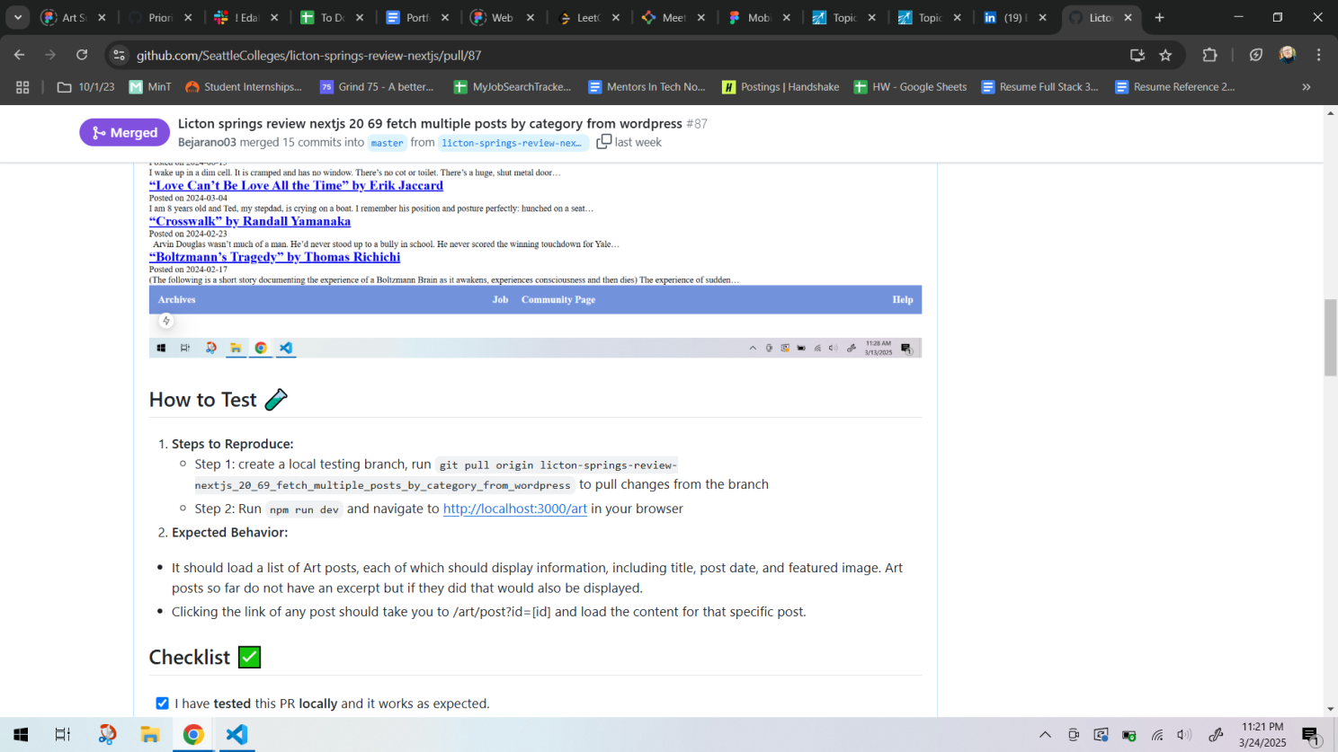 Screenshot of my PR in Git that fetches multiple posts of a given category and displays them in a list.