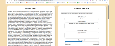 Screenshot showing a generated AI school policy next to a form asking for the school's name, mission, approved AI tools, and stance on AI