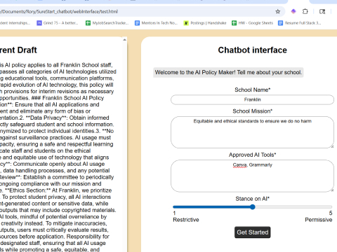 Screenshot showing a generated AI school policy next to a form asking for the school's name, mission, approved AI tools, and stance on AI