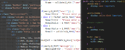 Image of HTML (using Bulma), CSS, and PHP code that handles a secure contact form.