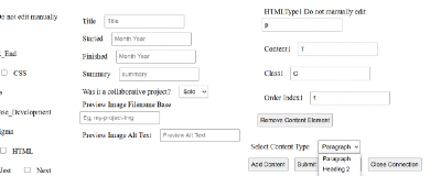 Image of the form that adds content to the database, including fields for title, tags, post date, and dynamically generated content fields.