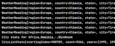 Screenshot of the terminal showing various readings for Tirana in Europe, and overall stats for Windhoek in Africa, containing 9266 readings.
