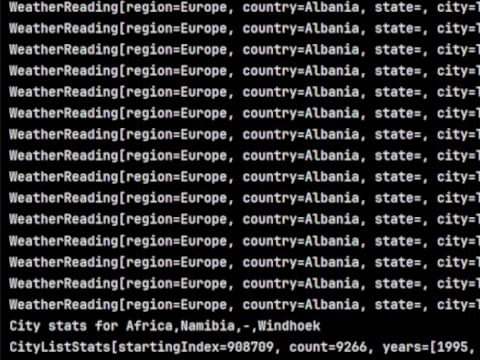 Screenshot of the terminal showing various readings for Tirana in Europe, and overall stats for Windhoek in Africa, containing 9266 readings.