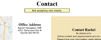 A message saying 'Not accepting new clients' is displayed on the contact page to save the massage therapist time screening clients.