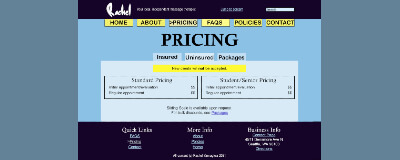 Visual design of the massage website's pricing page based on the wireframe with a blue and yellow color scheme.